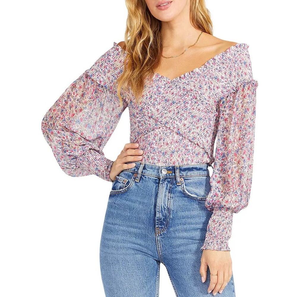 BB Dakota Steve Madden Smocked Factor Floral Print Top Pink Blue Womens Small